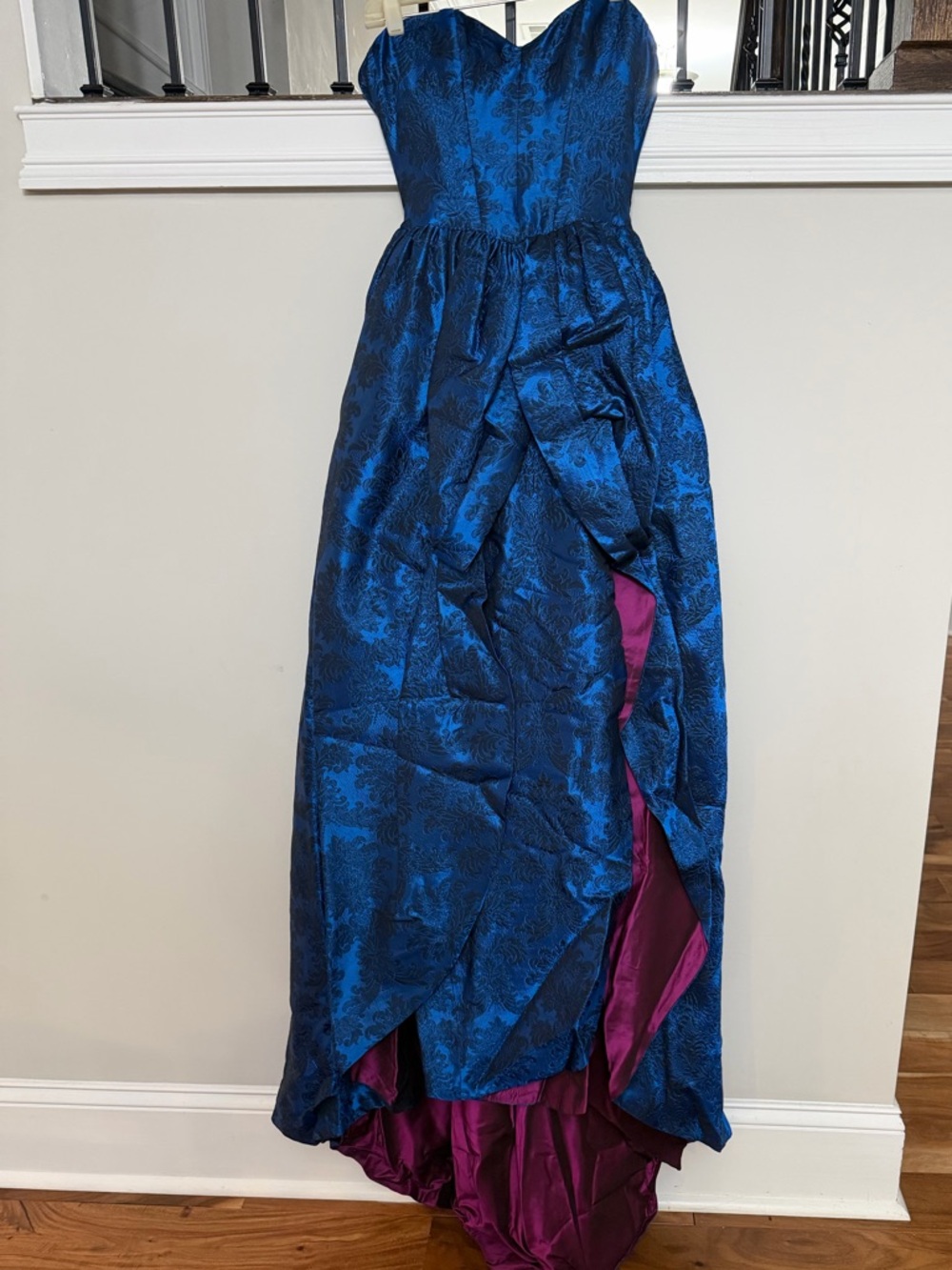 Blue Brocade Strapless High-Low Gown with Plum Lining